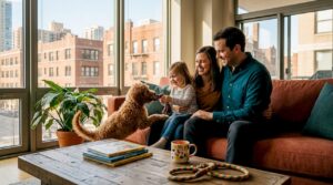 Family interacting with mini doodle puppy in city apartment